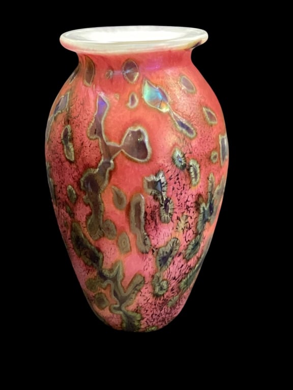 Hand Blown Art Glass Vase: Tide Pool Vase by artist Robert Eickholt. Featuring an iridescent pink ground with organic tide pool oil spots. Eickholt know for his vibrant and complex designs. 7 1/4 inches tall.
