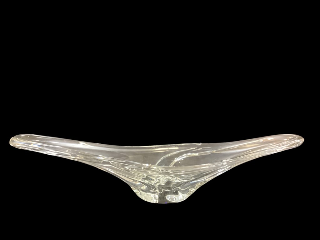 Daum French Crystal Centerpiece Bowl: Stunning oversized centerpiece showcases the organic modernism of Daum glass making. Sweeping design reminiscent of outspread wings. Thick walled crystal, signed Daum France
