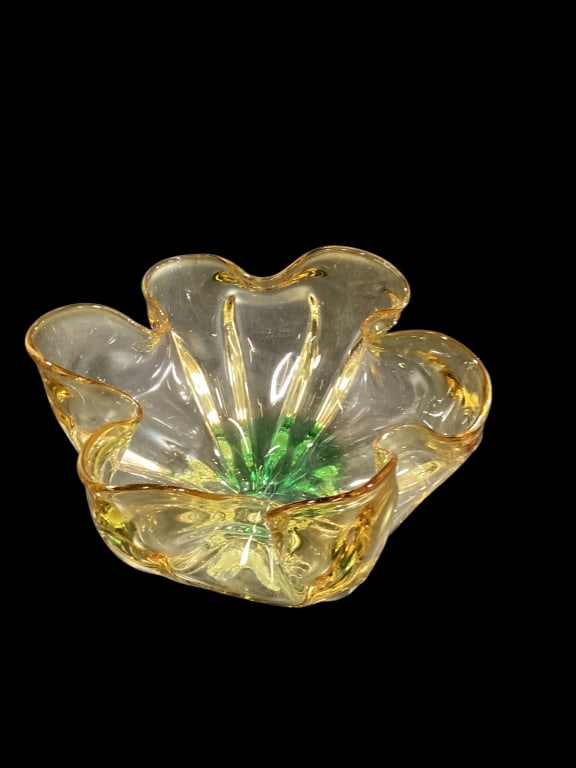 Art Glass Center Bowl: Italian Murano style free form bowl, with fingered rim, vibrant yellow to green coloring. 10 inch diameter with solid base