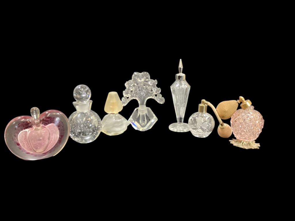 Collection of Perfume Bottles: 7 piece collection to include a tapestry a n apple shaped paperweight perfume with glass dauber, encapsulated bubbles in clear glass bottle with matching stopper, Salvador Dali Lips bottle, Imperial