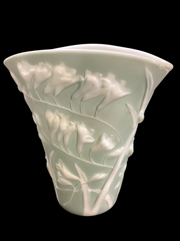 Phoenix Glass Sculpture Vase: Freesia Fan vase, 8.5 inches tall, in graceful Freesia pattern, pale blue green wash over white satin custard glass.