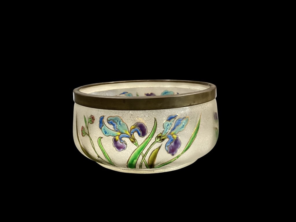 Art Nouveau Enameled Glass Bowl: Created by French Artist Emil Langlois, part of the French Art movement. Vibrant purple, blue and yellow irises on textured frost glass. 9 inches tall signed diameter with a silver plate rim. Line Ite