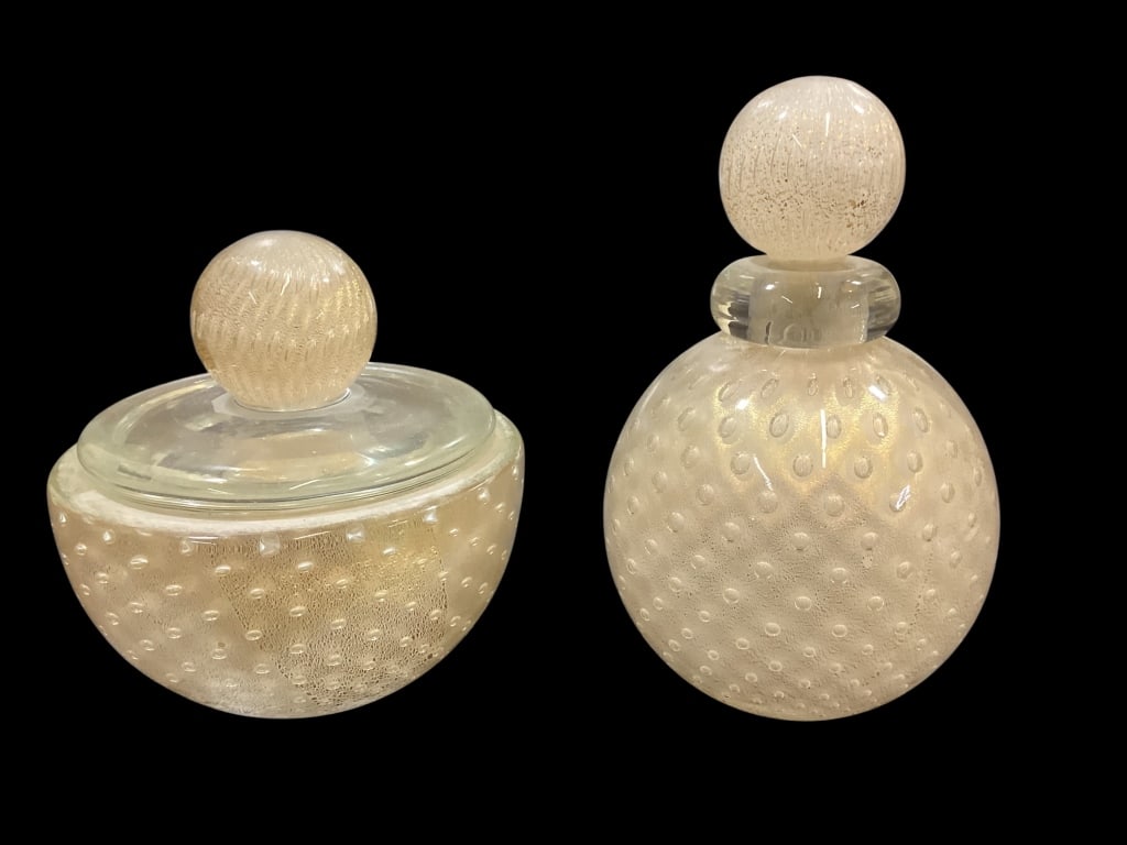 Alfred Barbini Murano Dresser Articles: 2 piece matching vanity set. Pale yellow to amber colored dresser jar, and 6 inch tall perfume bottle. Both designed with controlled internal bubbles.