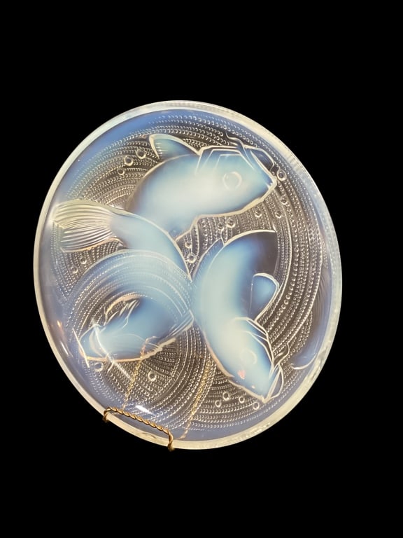 French Art Deco Bowl: Opalescent glass bowl, Poissons features a high relief design of three carp fish with bubbles designed by Pierre d? Avesn. 12 inch diameter