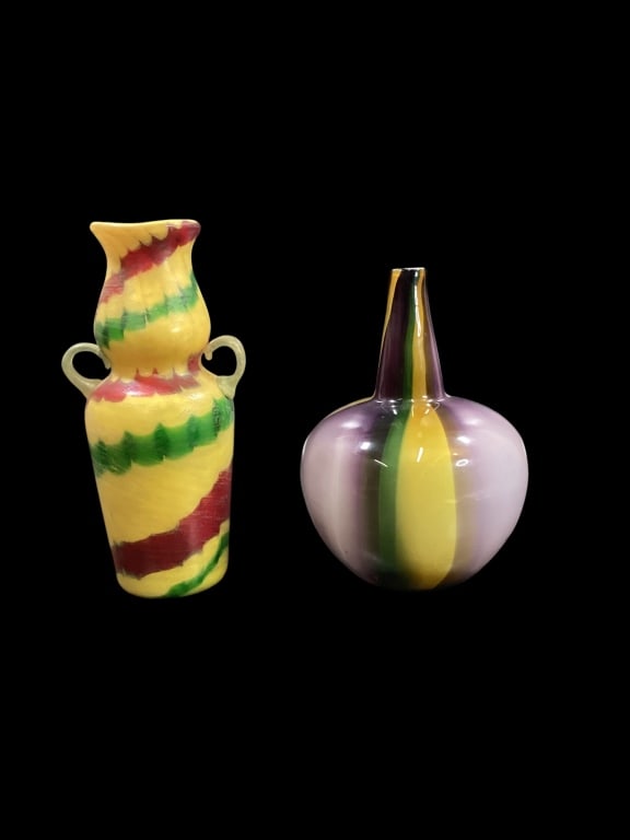 Art Glass Vases: Gourd shaped vase, featuring bold yellow body with pulled stripes in red and green, cased glass with a textured clear finish possibly Echtkristal. Kosta Boda Fidji Art glass vase, designed by England,