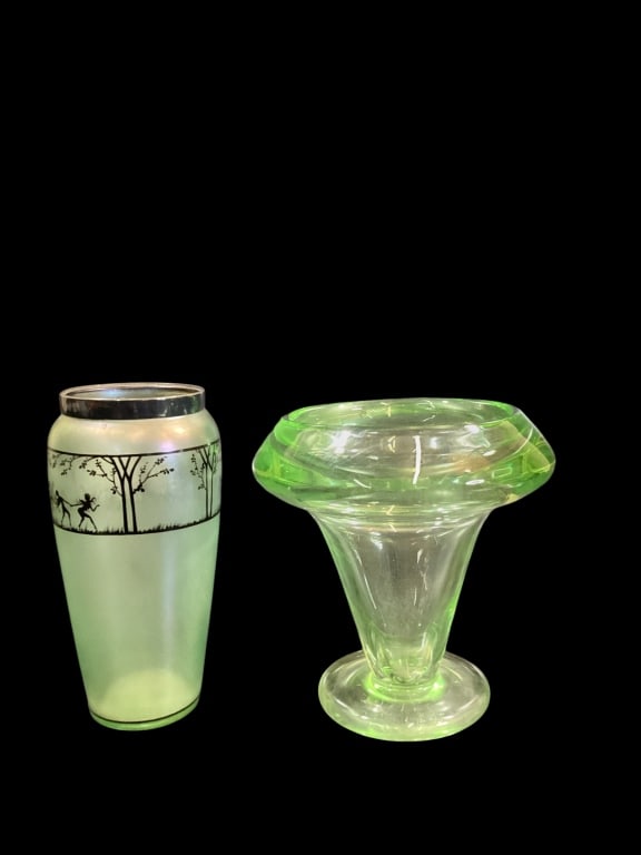 Art Glass Vases: Vintage Art Deco green satin vase with black enamel silhouette frieze depicting dancing figures, silver banded rim. Uranium Glass vase with heavy walled body, circular footed base ring, wide shoulder 