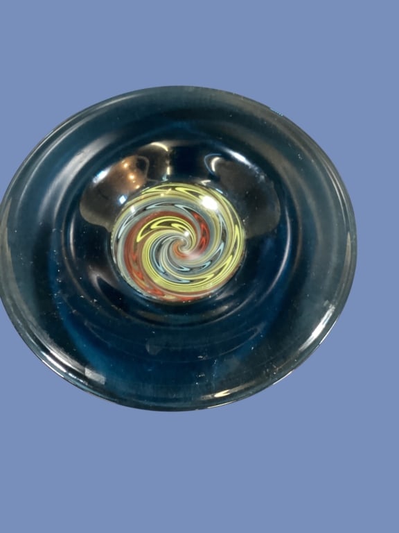Studio Art Glass Bowl: Bold Art glass bowl with wide cobalt blue rim, and spiral centerpiece, tightly spun colors of red, yellow blue and white.15 inches tall with diameter make an impressive centerpieces. Signed by Artist 