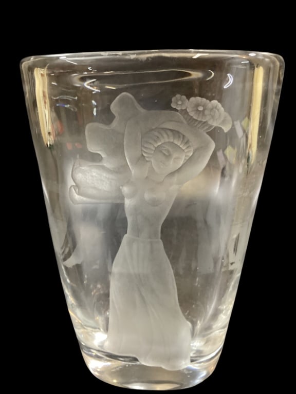Verla?s Frosted Glass Art Vase: Crystal clear body vase, with frosted bas relief depicting a Maiden, representing one of the four seasons. Designed by Carl Schmitz, 9.5 inches tall, tapered body