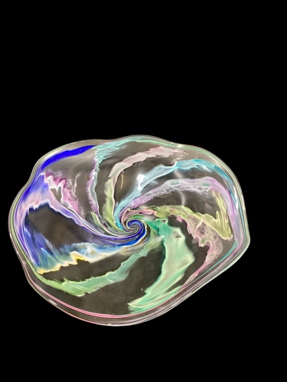 Hand Blown Art Glass Bowl: Dynamic pinwheel style spirals showcase this 21 inch diameter bowl, with organic wavy rim, and vibrant colors. Flat pedestal base, no signature