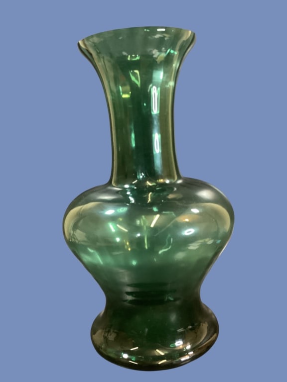 Blenko Art Glass Vase: MCM hand blown Art glass vase, I. Deep rich emerald green. Featuring a bulbous body, flared upper rim, pedestal base. Impressive 24 inches tall.