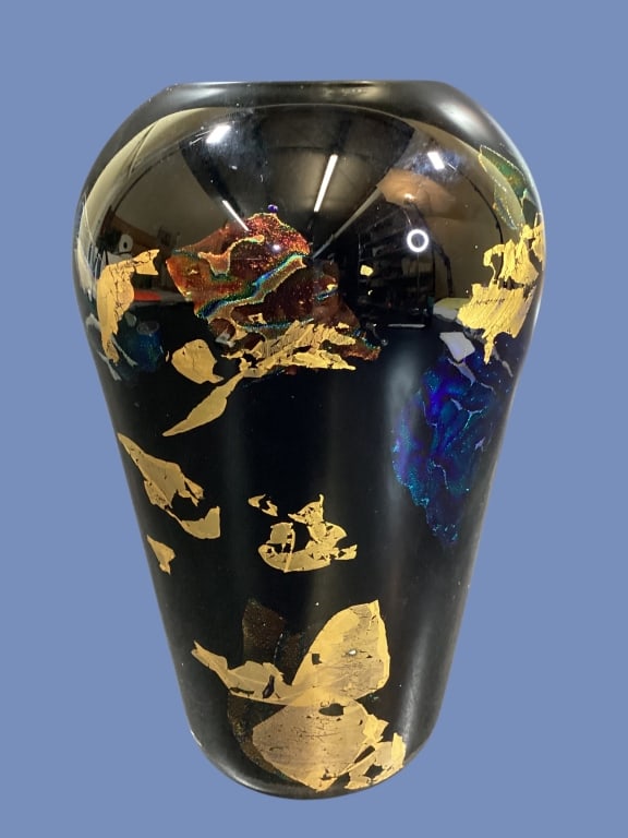 Stuart Strathearn Ebony Art Glass: Abstract designed 9.5 inch vase with gold foil inclusions. Designed by Lestyn Davies. Beautiful color. Rounded shoulder with tapered body