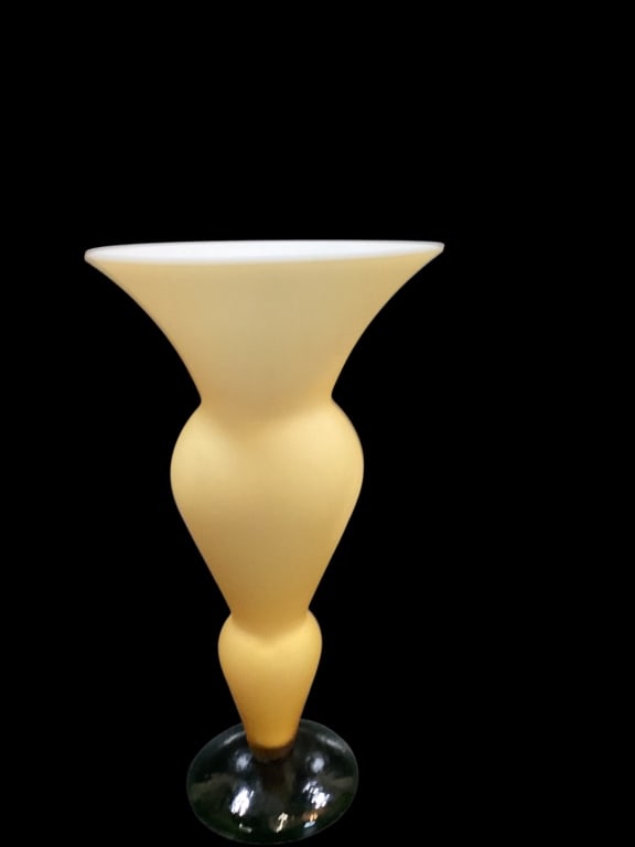 Art Glass Vase: Studio Art glass tall vase, in style of Stephan Cox. Stacked Frosted yellow cased glass 15 inch vase, with a contrasting dark green glass base. Wide flaring rim, Line Item # 104