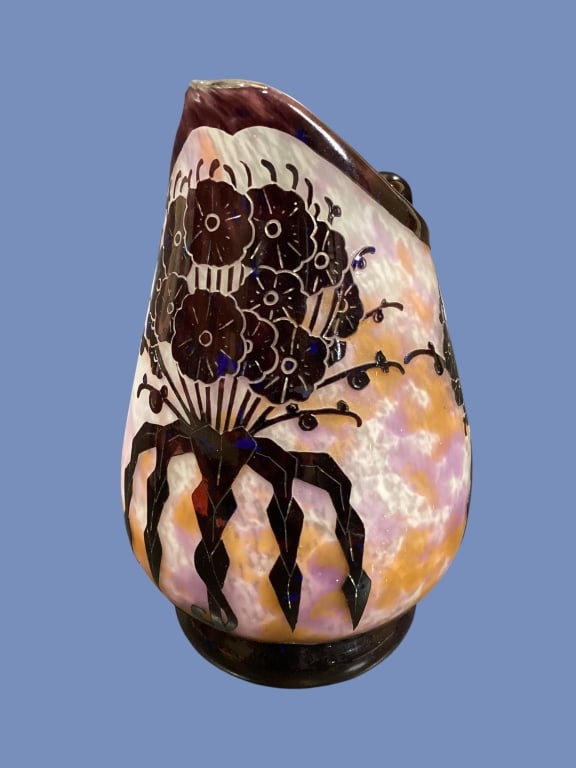 Schneider Le Verre Cameo Glass Pitcher: Acid etched cameo glass pitcher in Giroflees or The Wildflower pattern. Featuring stylized purple florals against a mottled pink to yellow powdered glass background. 9 inches tall. Applied handle.