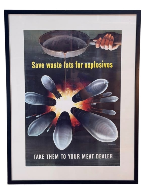 1943 Office of War Information Poster: 1943 World War II propaganda poster, Save Waste Fats for Explosives, designed by Henry Koerner and produced by the U.S. Government Printing Office for the Office of War Information. The poster is in