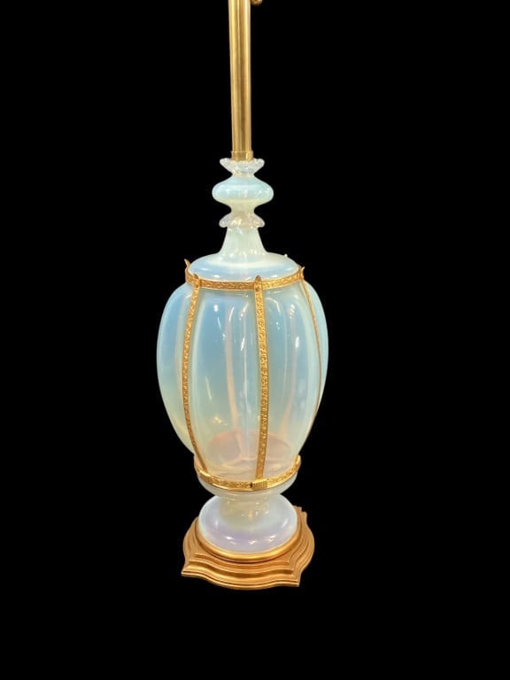 Murano Opaline Table Lamp: Italian Hand Blown Glass Lamp in Regency Style, large 41 inches tall with ornate gilt brasses enclosing the opaline glass body.