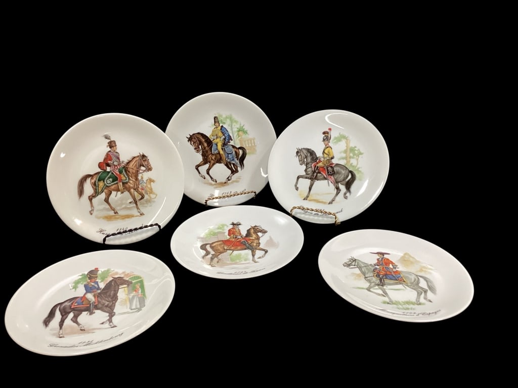 European Calvary Dessert Plates: Set of 6 French Porcelain plates, with detailed illustrations of Military themes. Marks for Champs-Elyse?s.