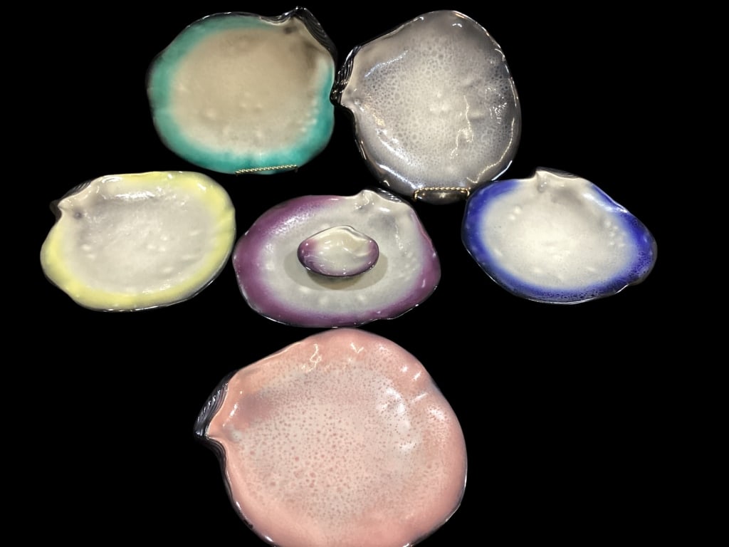 Pol Chambost French Shell Dishes: Set of six organic anthropomorphic oyster form dishes.1960s designed by PolChambost, vintage MCM at its finest. 13 inch diameter, the set includes yellow, turquoise, pink, blue, gray and vibrant