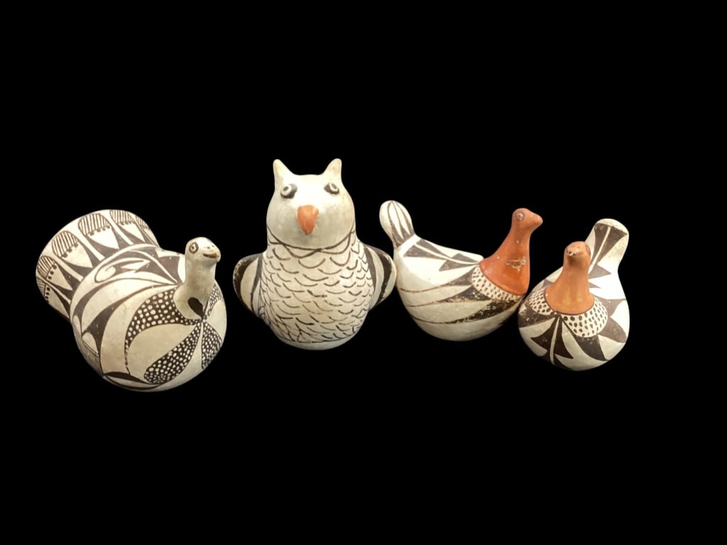 Native American Pottery Figures: Hand crafted pottery animals from Acoma Pueblo, traditional black on white artistic designs. 5 inch seated owl, turkey, and pair of birds, all with polychrome motifs. The dots on the birds and turkey