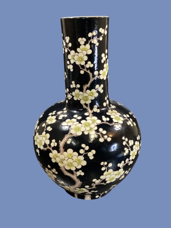 Morimura Noir Dogwood Vase: Porcelain bottle vase, with deep noir color, featuring prunus or dogwood blooms overall. 16 inches tall, glazed finish. Arita real seal mark Line Item # 57