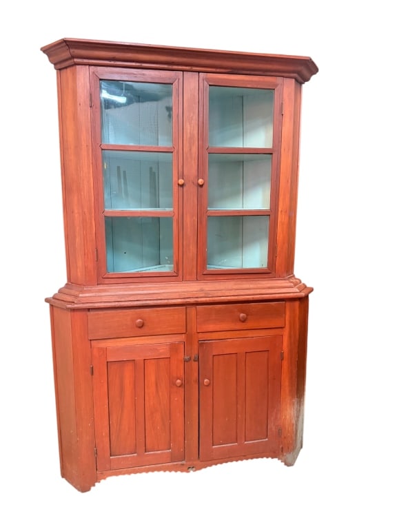 Antique American Country Pine Corner Cupboard: antique American country corner cupboard in original red-painted pine, retaining a lovely robin?s-egg-blue painted interior to the glazed upper cabinet ? a striking and desirable color combination for