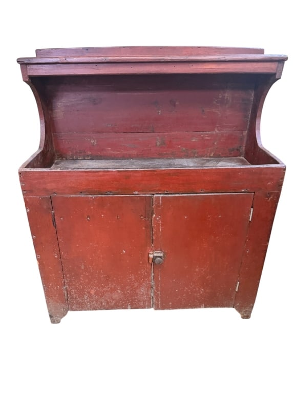 Antique Original Red-Painted Pine Dry Sink: American country dry sink, likely mid-19th century, in original dry red paint with wonderful surface patina. Well-form with a raised three-sided gallery back with curved cutout side profiles, deep