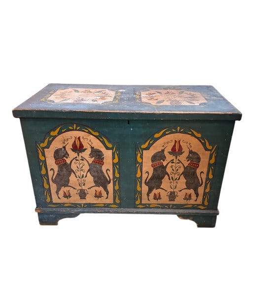Pennsylvania Dutch Painted Folk Art Blanket Chest: Dovetailed pine blanket chest in blue-green painted ground with polychrome floral panels to the lid and stylized rampant-beast/tulip motifs to the front, rosette medallions to each end. Fitted