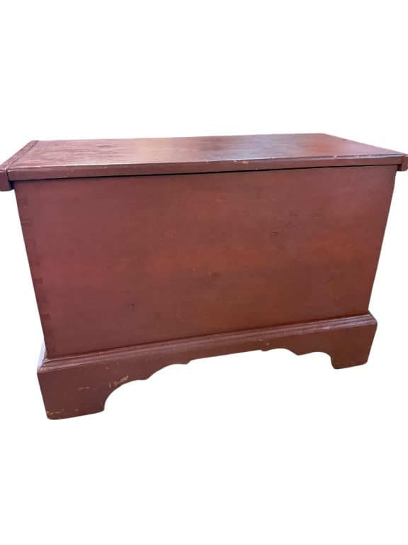 Country Blanket Chest in Original Red Paint: Country blanket chest, c. 1830-1850, dovetailed case construction throughout, lift lid, fitted til to interior. Retains an old, likely original, red-brown painted surface with expected wear to high po