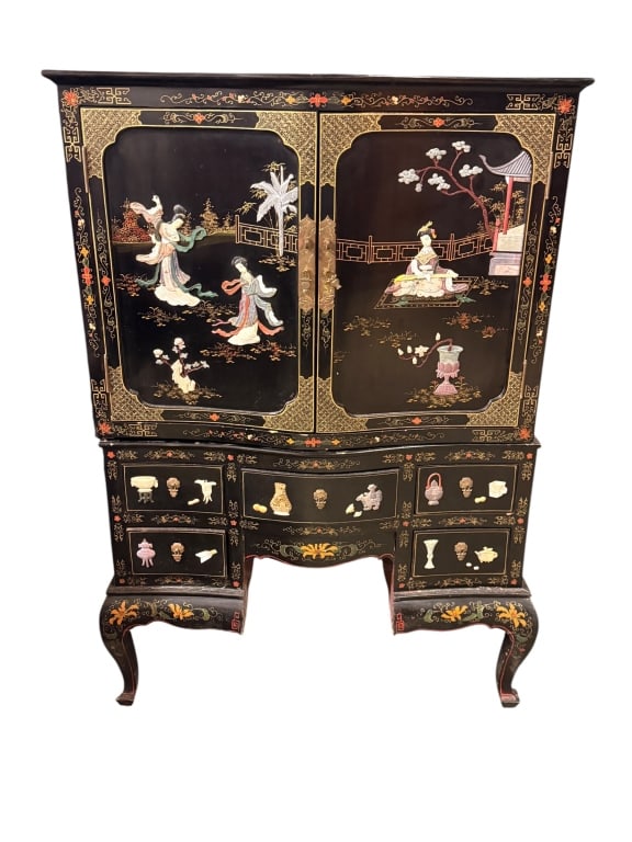 Chinese Black Lacquer Cabinet: Beautifully detailed Chinese black lacquer cabinet-on-stand with applied carved hardstone figural inlay throughout ? court ladies rendered in soapstone/agate depicted dancing, playing pipa, and stroll