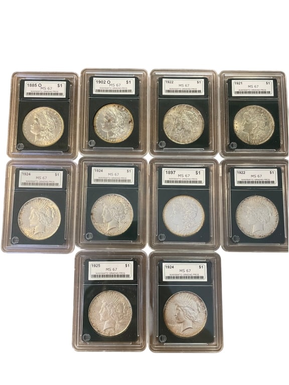 10 MS67 Morgan & Peace Silver Dollars: Group of 10 silver dollars dated 1885?1925, including Morgan and Peace dollars with several mint-marked examples. Each is housed in an NGP holder and labeled MS67.