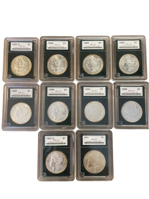 10 MS67 Morgan Silver Dollars: Group of 10 Morgan silver dollars dated 1883?1921, including 1883-O and 1902-O examples. Each coin is housed in an NGP holder and labeled MS67, with light toning visible on several pieces.