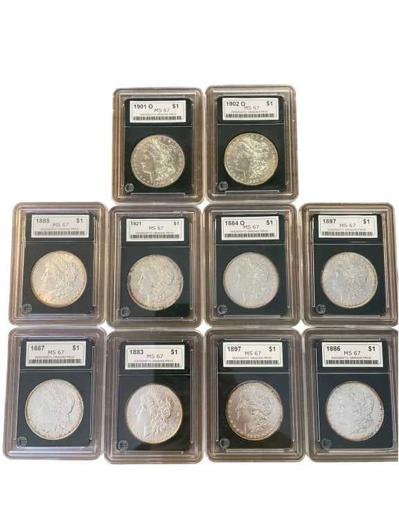 10 MS67 Morgan Silver Dollars: Group of 10 Morgan silver dollars dated 1883?1921, including New Orleans mint examples. Each coin is housed in an NGP holder and labeled MS67, with varying toning and surface