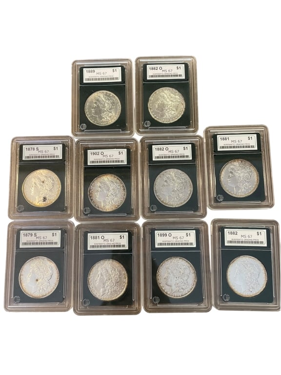 10 MS67 Morgan Silver Dollars: Group of 10 Morgan silver dollars dated 1878?1902, including San Francisco and New Orleans mint issues. Dates include 1878-S, 1879-S, 1881-O, 1882-O, 1889, 1899-O, and 1902-O, among others. Each coin 