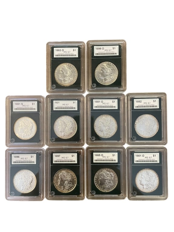 10 Morgan Silver Dollars: Group of 10 Morgan silver dollars, each housed in an NGP holder and labeled MS67. Dates include 1881-S, 1881-O, 1882, 1883-O, 1885-O, 1896, 1897, 1899-O, 1901-O, and 1921. Includes a mix of Philadelph