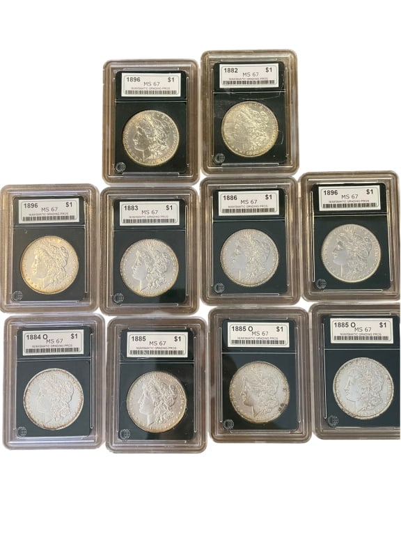 10 MS67 Morgan Silver Dollars: Group of 10 Morgan silver dollars, each housed in an NGP holder and labeled MS67. Dates represented include 1882, 1883, 1884-O, 1885, two 1885-O examples, 1886, and three 1896 examples. A nice assortm