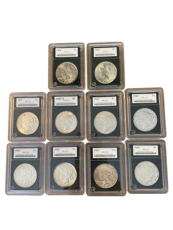 10 Peace Silver Dollars in NGP Holders: Group of 10 Peace silver dollars in NGP holders, each labeled MS67. Dates represented include 1922, 1923, 1923-S, 1924, and 1925, with multiple examples of several dates. Coins show varying degrees of