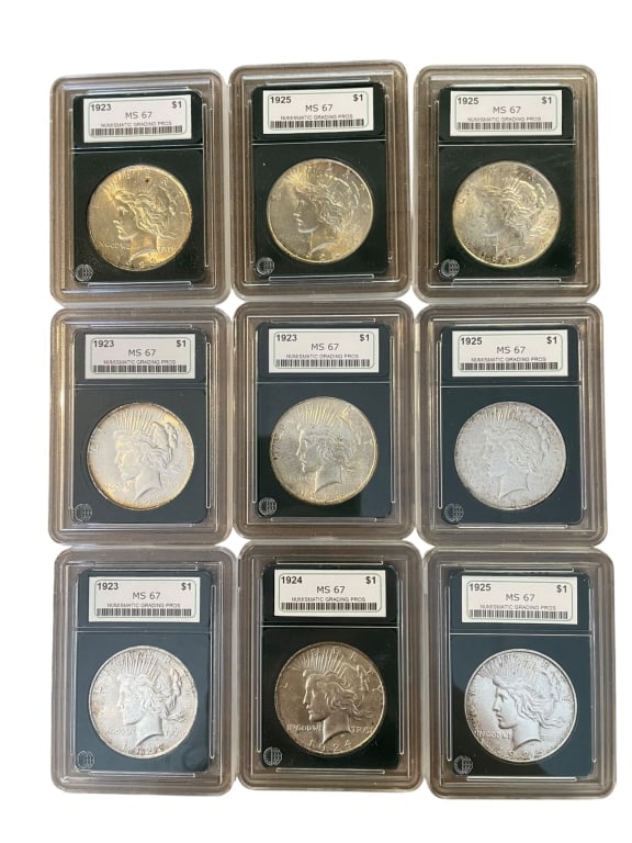9 Peace Silver Dollars in NGP Holders: Group of 9 Peace silver dollars in NGP holders, each labeled MS67. Includes four 1923, one 1924, and four 1925 examples, with varying degrees of toning and surface coloration throughout.
