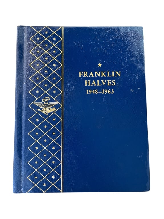 Complete Whitman Franklin Half Dollar Set: Complete collection of Franklin half dollars from 1948 through 1963, including Philadelphia, Denver, and San Francisco issues, housed in a Whitman coin album. Includes 35 silver half dollars total.