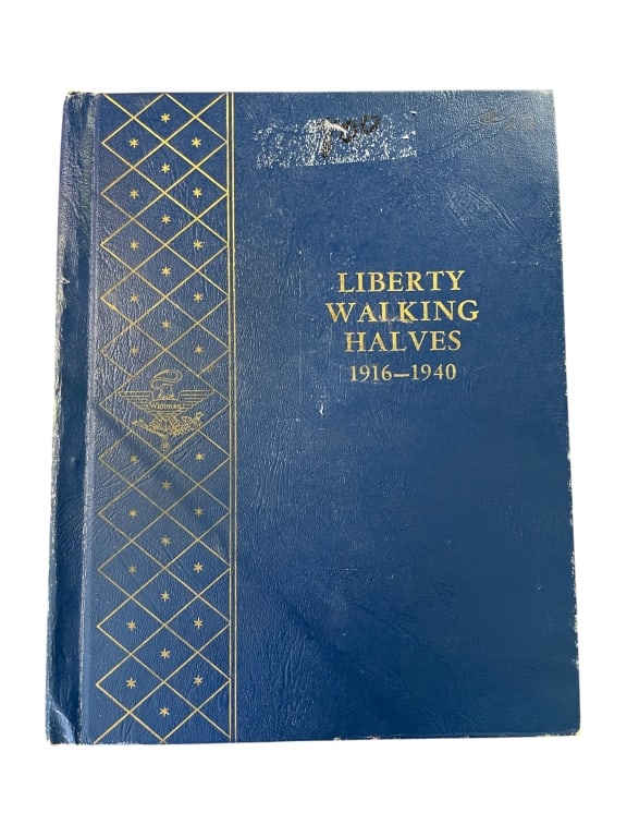 Whitman Walking Liberty Half Dollar Collection: Collection of Walking Liberty silver half dollars dated 1916?1940, including Philadelphia, Denver, and San Francisco issues, housed in a Whitman album. Full album, album in used condition, coins in