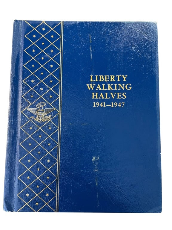 Whitman Walking Liberty Half Dollar: Collection of Walking Liberty silver half dollars dated 1941?1947, including Philadelphia, Denver, and San Francisco issues, housed in a Whitman album. 20 circulated coins, album shows storage wear.