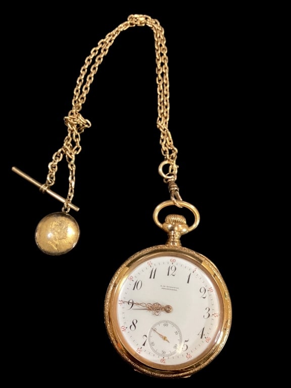 Gold Pocket Watch: Made by Jules Monard in Geneva Switzerland for a Russel in Philadelphia. 18 k Fine, #24108. Open face, beautifully Repousse case banding, 18 inch link chain with an attached encased gold profile coin?