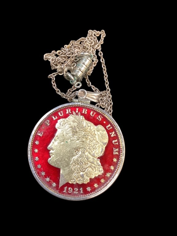 Morgan Silver Dollar Modified To Jewelry: 1921 Morgan Silver Dollar, with modified red enamel background, popular trend during mid 20 th century. The reverse with colorful enameling to highlight the eagle. Set in bezel frame. With 24 inch cha