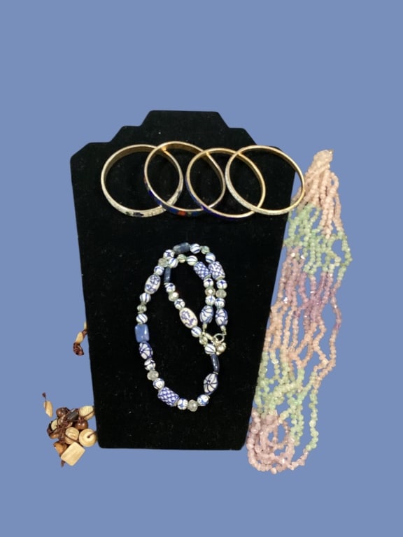 Jewelry Collection: Multi Strand pastel beaded necklace, irregular gemstones. 4 Asian style Cloisonne bangles, Porcelain and stone bead necklace, tribal style polished wood and bead necklace