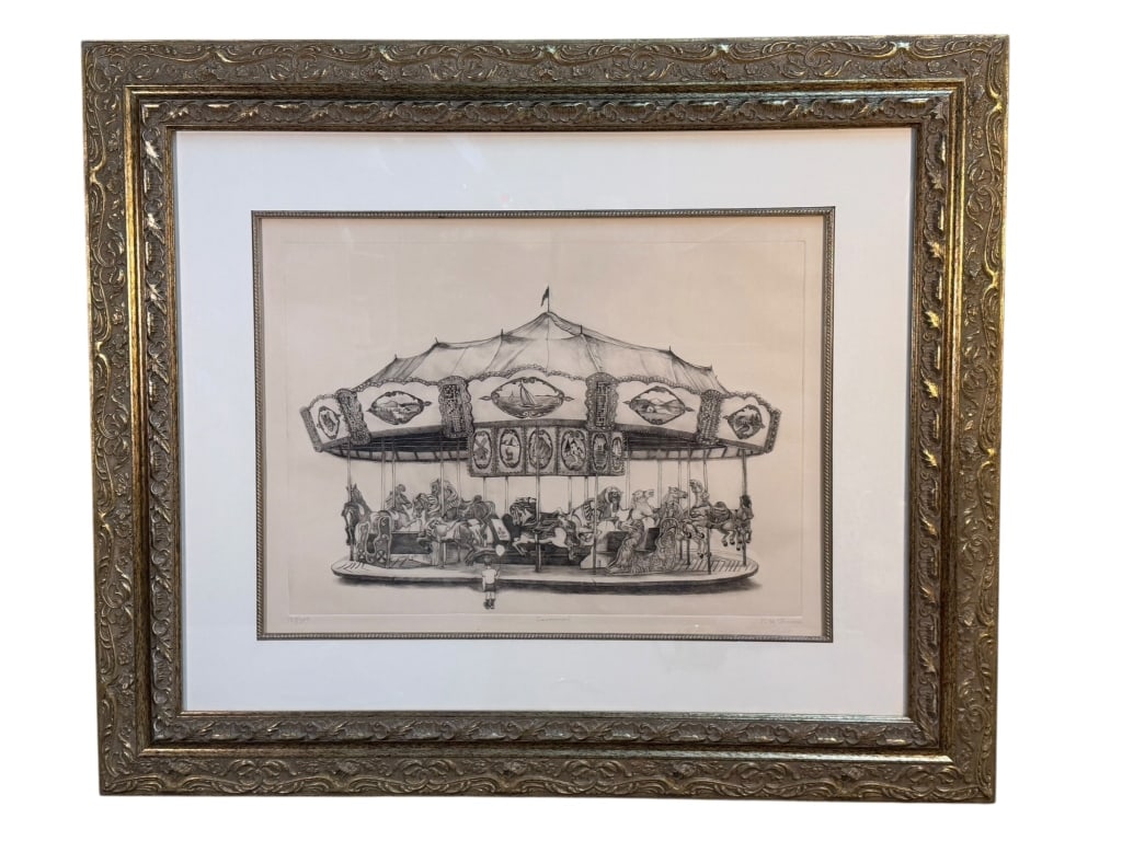 Shelia McGinnis Carrausel Original Etching: Original black-and-white etching titled Carrausel by Shelia McGinnis, circa 2000, pencil-signed and titled in the lower margin and numbered 134/300. The detailed composition depicts a traditional fair
