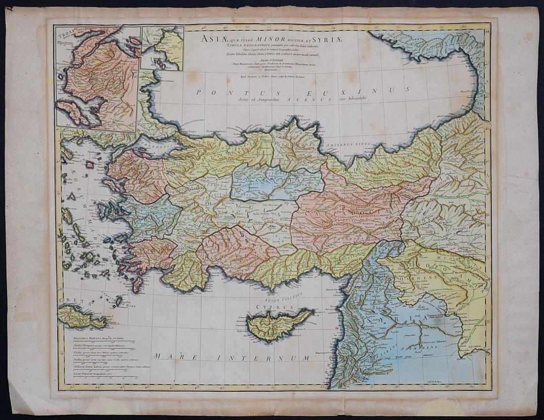 1764 Asia Minor Turkey and Syria Map: 1764 map showing Turkey with Dardanelles peninsula in detail,Syria and Mesopotamia and Cyprus. Author D'Anville