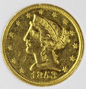 1853-C $5 GOLD: WHSG GRADED CH BU VERY RARE LOW MINTAGE, CHARLOTTE MINT GOLD, HIGH DEMAND, NICE COLOR AND SURFACES! GREAT INVESTMENT! ESTIMATE: $12,500-$15,000