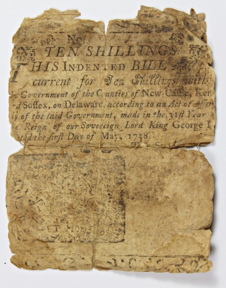 5-1-1758 COLONIAL DELAWARE 10 SHILLINGS: RARE/LOW GRADE. PRINTED BY BEN FRANKLIN. ESTIMATE: $100-$200