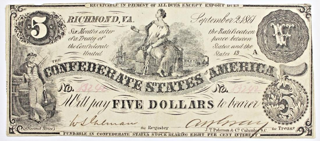 1861 CONFEDERATE $5 NOTE (1 of 2)
