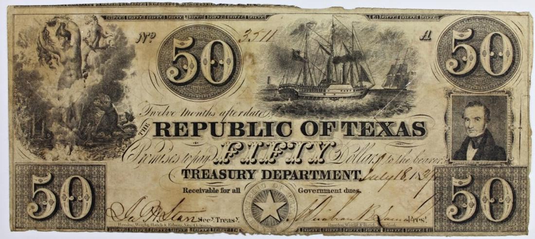 1839 $50 REPUBLIC OF TEXAS: "X" CANCELLED AS ALL SEEN ARE NICE VF. INTACT AND ATTRACTIVE. ESTIMATE: $600-$700