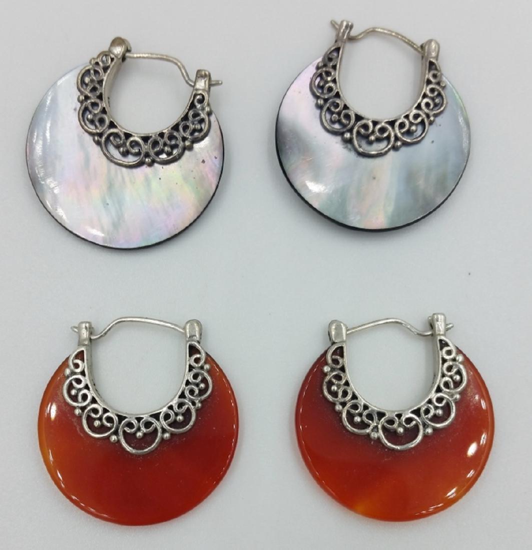 MERAN EARRINGS: VINTAGE MERAN INDONESIA STERLING SILVER HOOP EARRINGS. 1 PAIR ORANGE STONE, 1 PAIR GRAY STONE. PREOWNED. SEE PHOTOS!! ESTIMATE: $75-$100