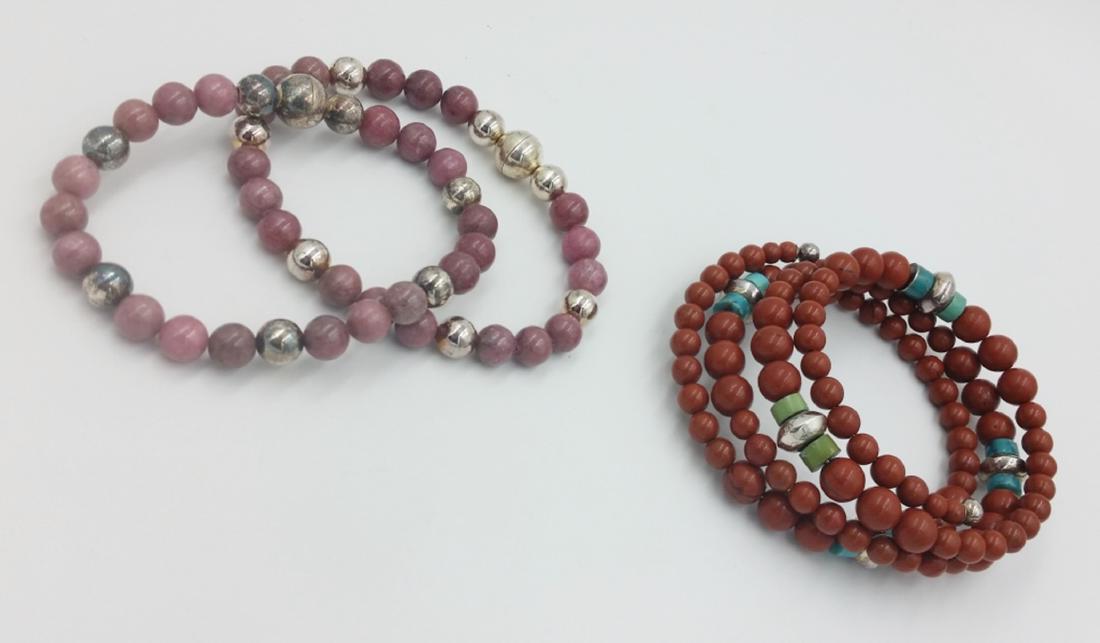 3 BRACELETS: BURNISHED ORANGE BEADS WITH SILVER AND TURQUOIS ACCENTS. ROSE COLORED BEADS WITH SILVER BEAD ACCENTS. PREOWNED. SEE PHOTOS! ESTIMATE: $75-$100